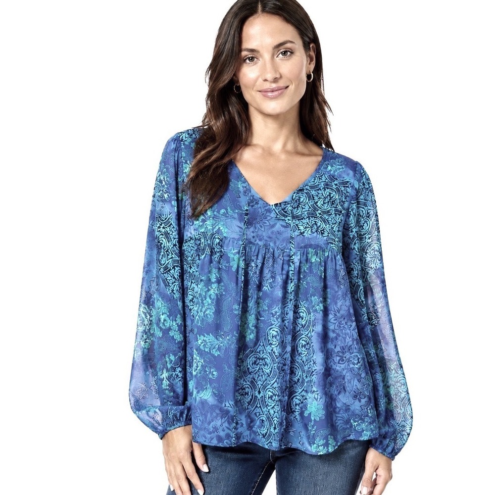 Blue Green Paisley Chiffon Babydoll Blouse Top Size 12 Long Sleeve Boho